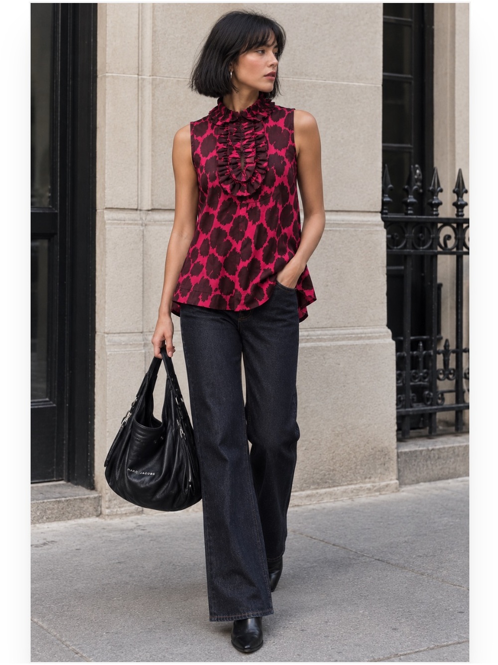 Marc by Marc Jacobs Sleeveless Ruffle-Neck Animal Print Top in Pink and Burgundy